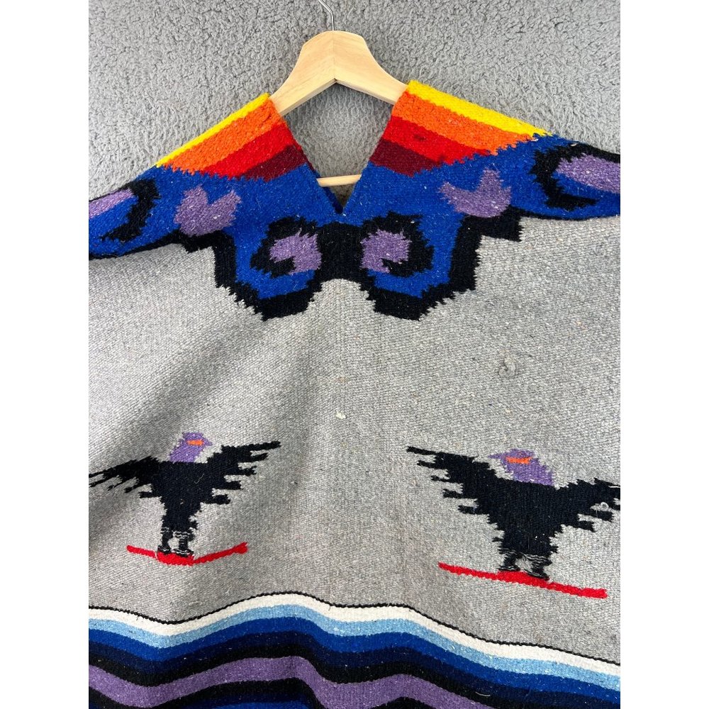 Vintage Native American Chimayo Wool Shawl Poncho Southwestern Thunderbird - Picture 3 of 6